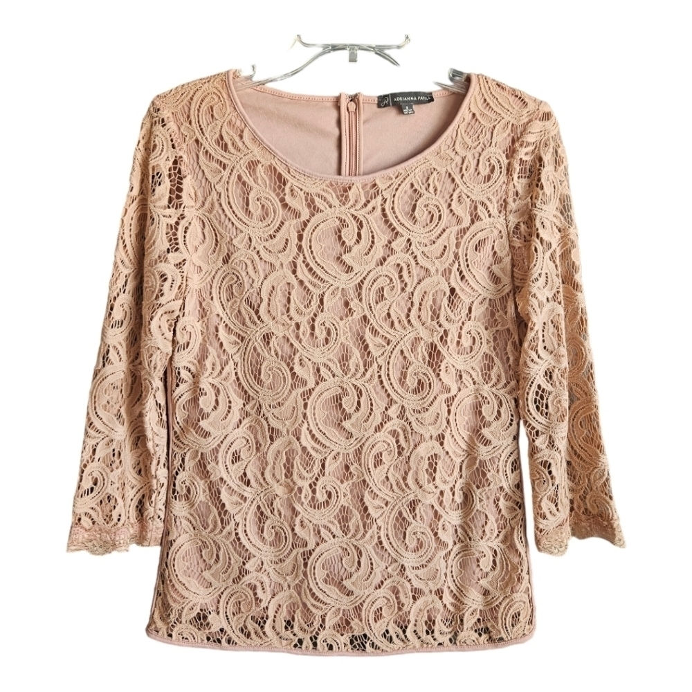 Adrianna‎ Papell Blush Pink Blouse with Floral Lace Overlay Sz Small